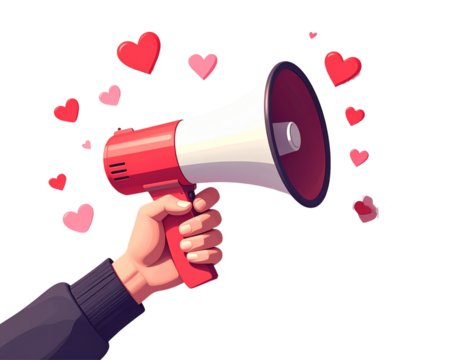 Minimalist Valentine Announcement Hand with Loudspeaker and Hearts - Powered by Adobe