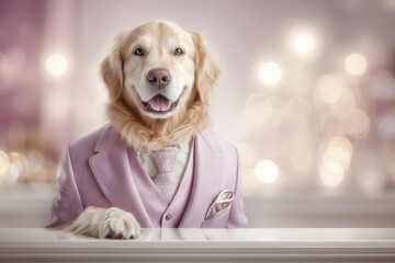A sophisticated Golden Retriever dressed in a stylish pink suit with a tie, embodying elegance and charm, set against a soft bokeh background, exuding a refined aesthetic.