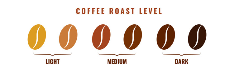 Coffee roast level icons set. Brown coffee bean symbols in different roasting stages. Vector graphics for cafe menu, packaging, and branding design.