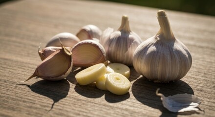 Close-up of garlic bulbs and cloves on a wooden surface, sunlight highlights the texture