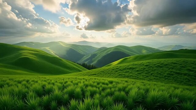 Lush green rolling hills bathed in warm sunlight under a dramatic cloudy sky.