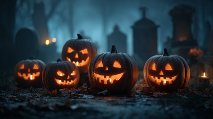 Fototapeta premium Radiant Carved Jack-o’-Lantern with Luminous Pumpkin Glow – Immersive Autumn Visual for Sustainable Event Branding and Digital Wellness