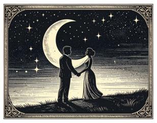 Retro Engraved Couple Silhouette Holding Hands Under Moonlight