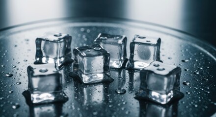 Close-up of several clear ice cubes on a wet, dark metal plate