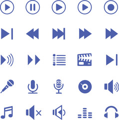 Collection of multimedia icons including play, pause, rewind, fast forward, volume, playlist, microphone, and headphones. Perfect for apps, music players, and web design. Editable vector illustration.