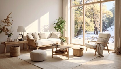 Bright Living Room Interior with Neutral Color Palette Cozy Sofa and Large Windows Overlooking Winter Landscape Wooden Furniture and Natural Light