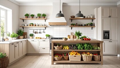 Bright Modern Farmhouse Kitchen Interior Design with Wood Accents and Fresh Produce