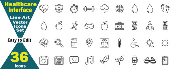 Healthcare and Wellness Interface medical icons set. Assortment of 36 Line Art Vector Icons. 