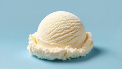 Enjoy a scoop of vanilla ice cream on a bright blue background, perfect for summer treats and dessert ads