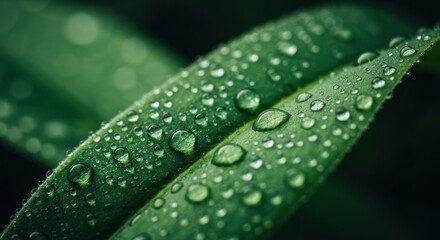 Close-up of vibrant green leaves, covered in dew drops