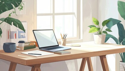 Bright Workspace Setup Featuring Open Laptop on Wooden Desk Surrounded by Green Plants and Natural Light Streaming Through Window
