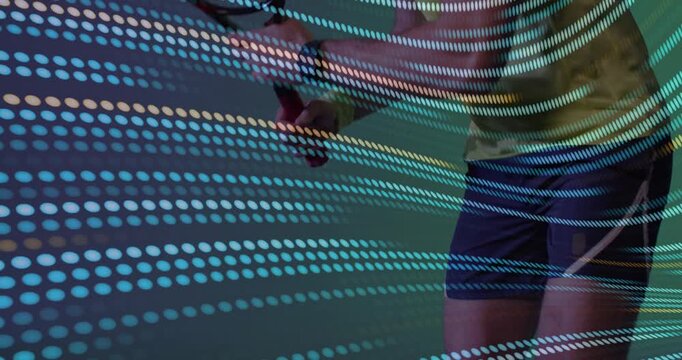 Athlete entering from left as wave revealing racket, swinging tennis forehand and celebrating