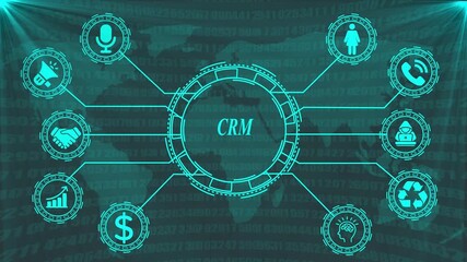 C R M business technology concept with global network connections and digital icons representing customer service sales marketing finance and data analytics - Powered by Adobe