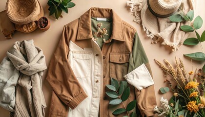 Brown Beige Cream Jacket with Accessories Flatlay