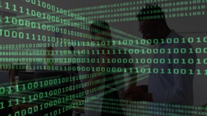 Binary code cascading over office while woman pointing laptop during tech collaboration, man typing - Powered by Adobe