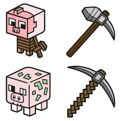 Collection of colorful voxel icons featuring pixel pigs and mining pickaxes. Ideal for gaming assets, adventure themes, and creative design projects. Editable vector illustration.