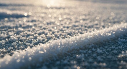 Close-up view of frost-covered ground, glistening in sunlight