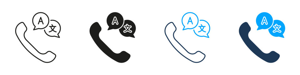 Phone Translation Service Line And Solid Icon Set. Multilingual Communication And Language Interpretation Symbol Collection. Telephonic Language Support. Isolated Vector Illustration