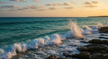 Obraz premium Coastal sunset, turquoise waves crashing on rocks