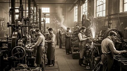 Vintage Factory Workers Sepia - A sepia-toned video depicting a bustling vintage factory scene, showcasing numerous workers operating heavy machinery and engaged in industrial processes. - Powered by Adobe