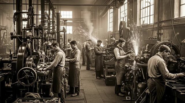 Vintage Factory Workers Sepia - A sepia-toned video depicting a bustling vintage factory scene, showcasing numerous workers operating heavy machinery and engaged in industrial processes.
