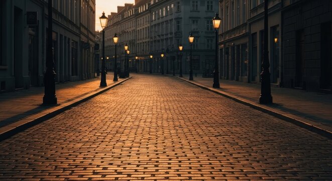 Cobblestone street bathed in golden sunrise light. Buildings line both sides with vintage streetlamps - Powered by Adobe