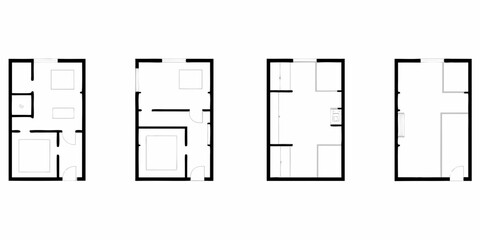 Four different simple floor plan layouts for small apartments or rooms with beds and furniture