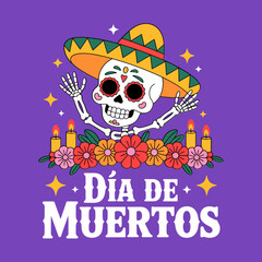 Dia de Muertos greeting, smiling skeleton with sombrero, marigold flowers border, candles glowing, purple background, festive celebration vector
