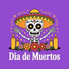 Dia de Muertos artwork, cute skeleton wearing sombrero, laurel and star accents, candle altar, floral decorations, vector illustration