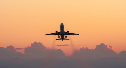 Commercial passenger airplane taking off into the stunning orange glow of a sunset sky, flying above the clouds