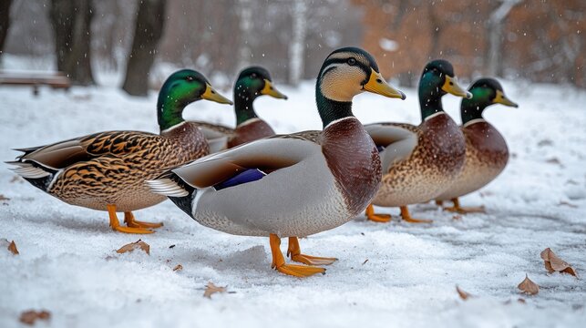 Winter ducks in snowy park - Powered by Adobe
