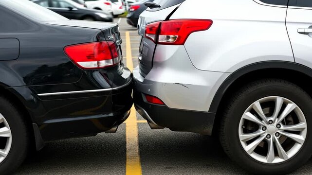 Rear Car Collision Damage - Close-up view of the rear ends of two cars after a minor collision, showing minor scratches and bumper damage.