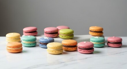 Colorful macarons arranged on a marble surface (1)