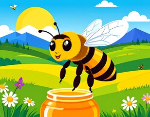 Smiling bee above honey jar