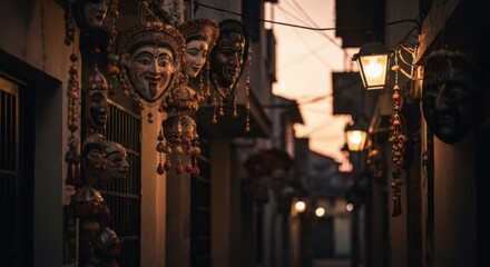 Colorful masks hang in a narrow alleyway at dusk