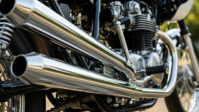Chrome Motorcycle Exhaust Pipes Close-up - A detailed close-up shot showcases the gleaming chrome exhaust pipes of a classic motorcycle.
