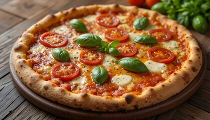 Fresh Margherita Pizza with Tomatoes and Basil on Wooden Table