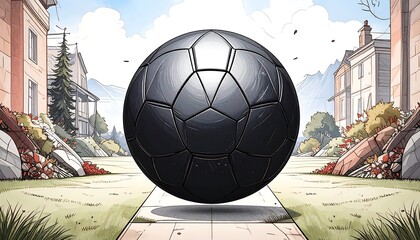 A large, smooth, dark ball hovers over a sidewalk in a cartoon-styled neighborhood