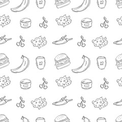 doodle food and beverage seamless pattern. food background