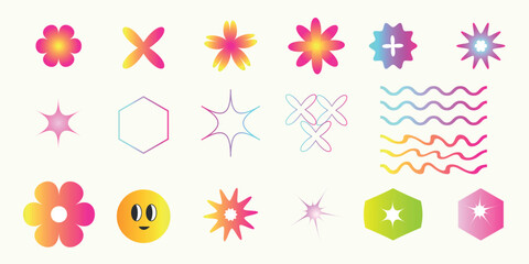 Abstract y2k gradient shapes set. Geometric art retro pack for celebration design. Vector illustration