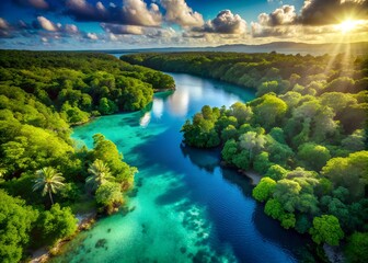 Obraz premium Aerial view of a tropical river flowing through lush green rainforest