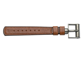Brown leather strap with metal buckle isolated on transparent background