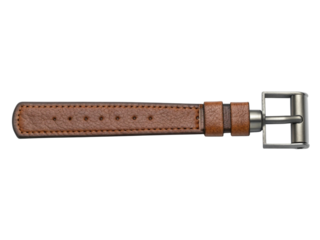 Brown leather strap with metal buckle isolated on transparent background
