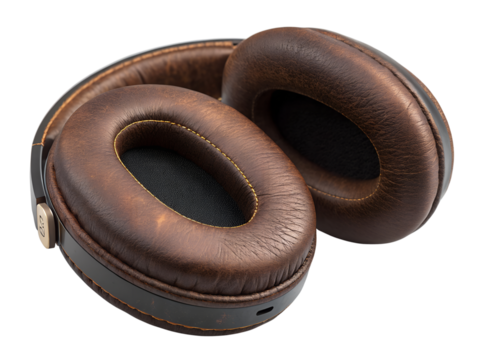 Leather headphones isolated on transparent background studio