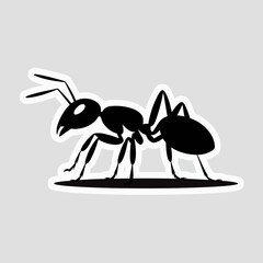 Black silhouette of an ant with antennae and legs on a light gray background
