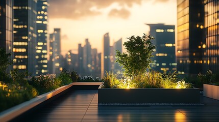 A rooftop garden at sunset with city skyline in the background, showcasing urban greenery.