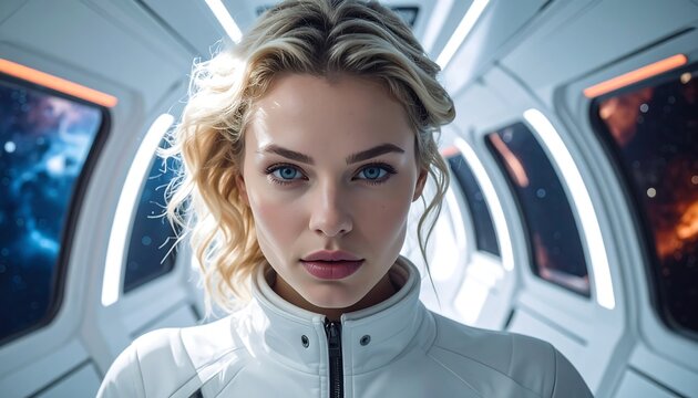 A woman in a white spacesuit stares intensely forward, set against a futuristic, illuminated corridor with space visible