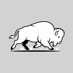 Stylized illustration of a running bison in black and white