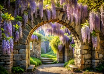Obraz premium Stone archway adorned with cascading wisteria flowers in a lush garden