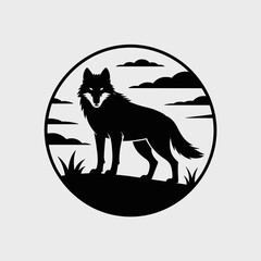 Silhouette of a wolf standing in a circular frame with clouds and grass